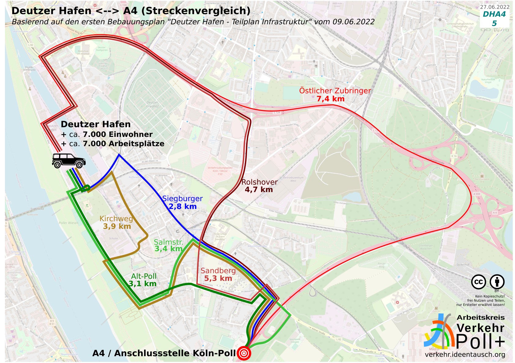 Vergleich der verschiedenen Strecken zwischen Deutzer Hafen und der Autobahn-Anschlussstelle Poll bzw. umgekehrt, basierend auf dem ersten Bebauungsplan "Deutzer Hafen - Teilplan Infrastruktur" vom 09.06.2022. Streckenvergleich: 7,4 km über den Östlichen Zubringer, 4,7 km über die Rolshover Straße, 5,3 km Rolshover+Sandberg, 3,4 km Salmstraße, 3,9 km Poller Kirchweg, 3,1 km Alt-Poll (Poller Hauptstraße), 2,8 km Siegburger Straße. Quelle: verkehr.ideentausch.org Arbeitskreis Verkehr Poll+ DHA4 5 27.06.2022 OD Burg BY Kein Kopieschutz! frei Nutzen und Teilen, nur Ersteller erwähnt lassen!